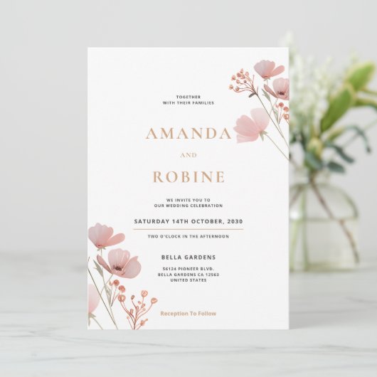 Minimalistische Wildflower bruiloft uitnodiging (Staand voorkant)