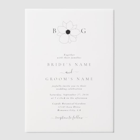 Minimalistische Wildflower Hand-getrokken Monogram Vellum Uitnodigingen (Voorkant)