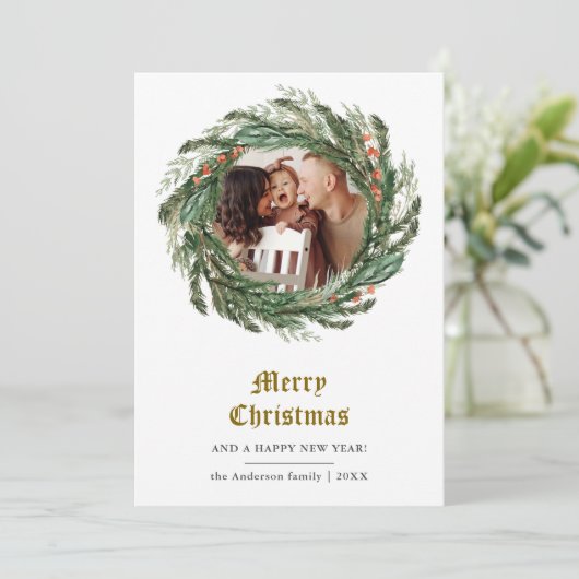 Minimalistische Winter Pine Krans Foto Feestdagenkaart (Staand voorkant)