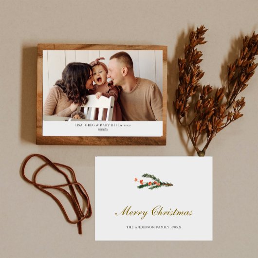 Minimalistische Winter Pine tak Foto Feestdagenkaart