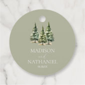 Minimalistische Winter Snowy Pine Tree Forest Wedd Bedankjes Labels (Achterkant)