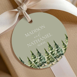 Minimalistische Winter Snowy Pine Tree Forest Wedd Bedankjes Labels