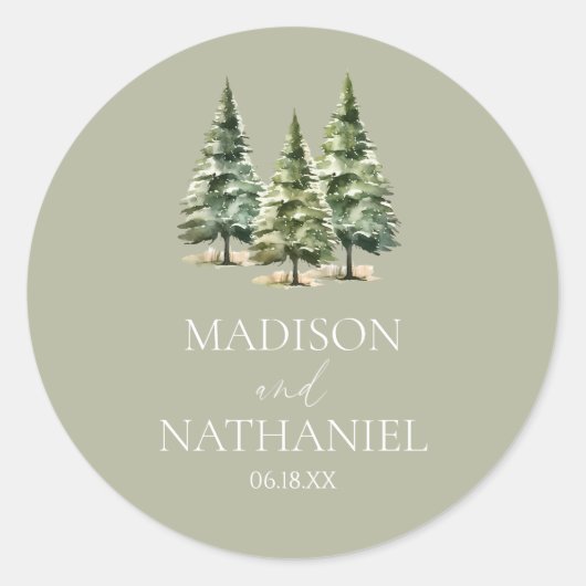 Minimalistische Winter Snowy Pine Tree Forest Wedd Ronde Sticker (Voorkant)
