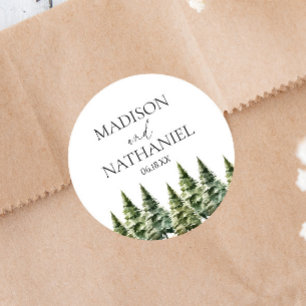 Minimalistische Winter Snowy Pine Tree Forest Wedd Ronde Sticker