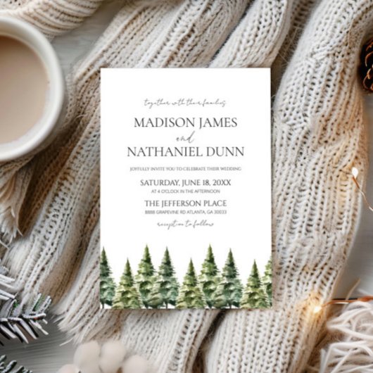 Minimalistische Winter Snowy Pine Trees Wedding Kaart