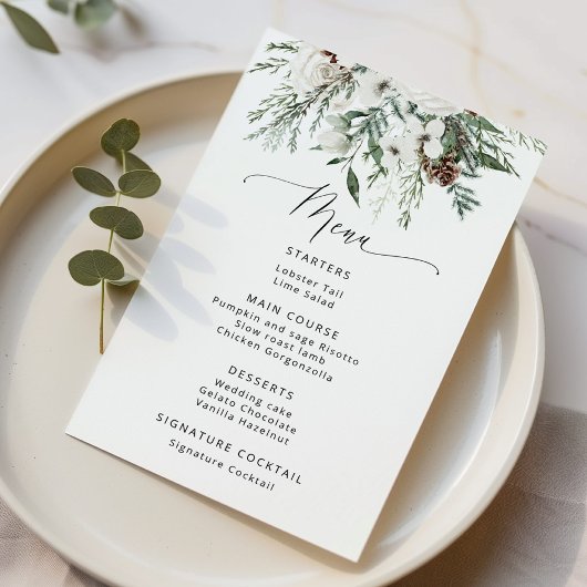 Minimalistische wintergroene bruiloft menu