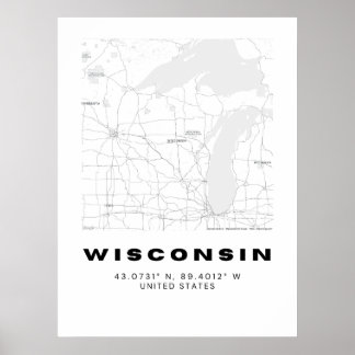 Minimalistische Wisconsin Kaart Kunst - Zwart en W Poster