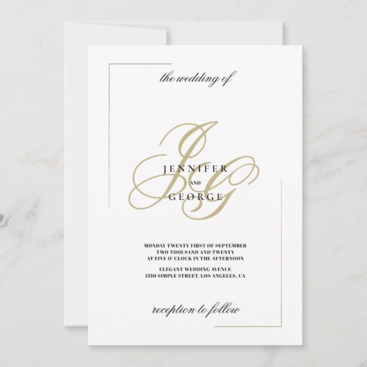 Minimalistische witgouden monogram initiaal bruilo kaart (Voorkant)