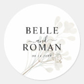 Minimalistische witte & beige botanische trouwset ronde sticker (Voorkant)