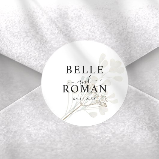 Minimalistische witte & beige botanische trouwset ronde sticker
