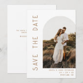 Minimalistische witte & bruine boog foto QR-code t Save The Date (Voorkant / Achterkant)