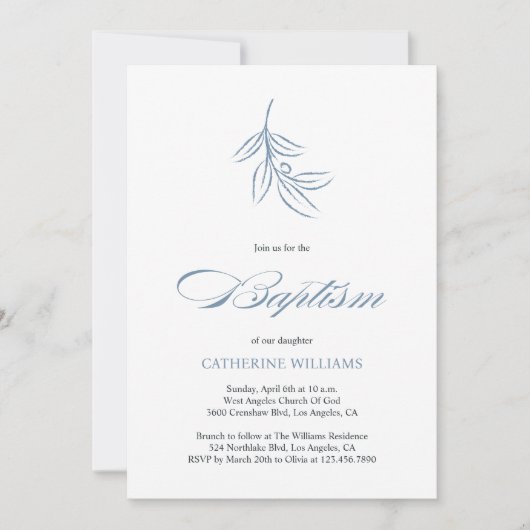 Minimalistische witte en blauwe botanische doop kaart (Voorkant)