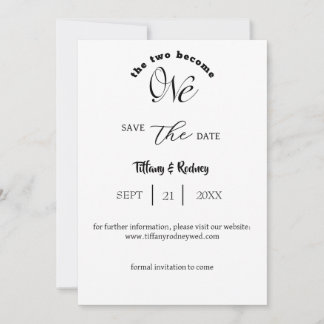 Minimalistische witte en zwarte save-the-date kaart