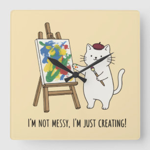Minimalistische Witte Kat Creatief Geel Woonaccent Vierkante Klok