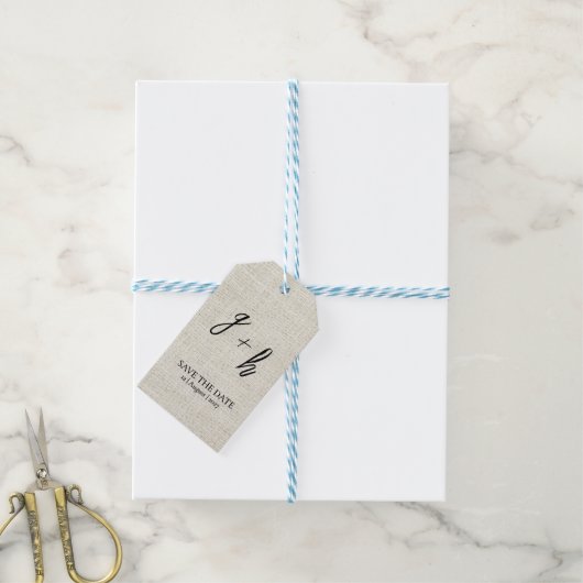 Minimalistische witte linnen Save Date Initialen Cadeaulabel (Met Touw)