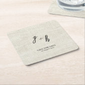 Minimalistische witte linnen Save Date Initialen Vierkante Kartonnen Onderzetter (Schuin)