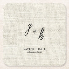 Minimalistische witte linnen  Save Date Initialen Vierkante Kartonnen Onderzetter