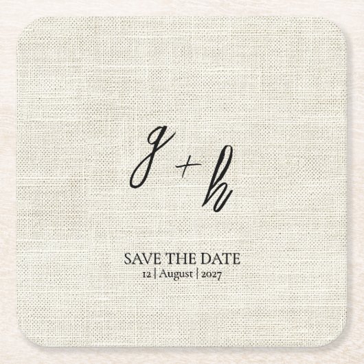 Minimalistische witte linnen Save Date Initialen Vierkante Kartonnen Onderzetter (Voorkant)