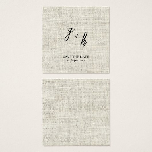 Minimalistische witte linnen Save Date Initialen Vierkante Visitekaartjes (Voorkant /achterkant)