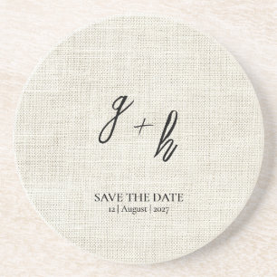 Minimalistische witte linnen Save Date Initialen Zandsteen Onderzetter