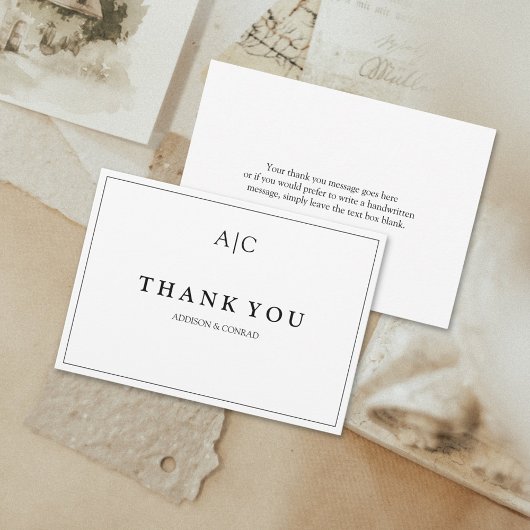 Minimalistische witte monogram bruiloft bedankkaar bedankkaart