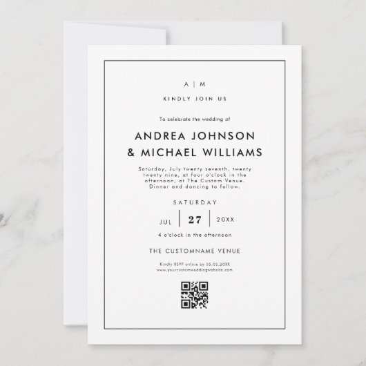 Minimalistische witte QR-code bruiloft Kaart (Voorkant)
