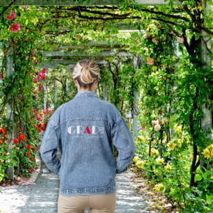 Minimalistische witte rode afstuderen naam denim jacket