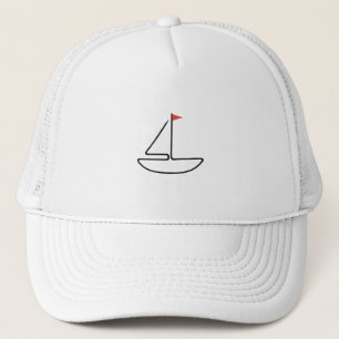 Minimalistische zeilboot éénlijnige kunst met rode trucker pet