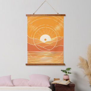 Minimalistische Zen Berg Oceaan Retro Zonsondergan Hangend Wandkleed