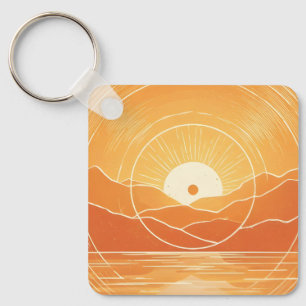 Minimalistische Zen Berg Oceaan Retro Zonsondergan Sleutelhanger