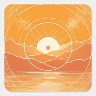 Minimalistische Zen Berg Oceaan Retro Zonsondergan Vierkante Sticker