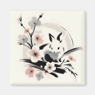 Minimalistische Zen Inkt Konijn Kersenbloesem Magneet