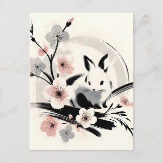 Minimalistische Zen Inkt Konijn Kersenbloesems Feestdagenkaart