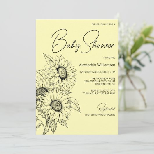 Minimalistische zonnebloem op geel Baby shower Kaart (Staand voorkant)