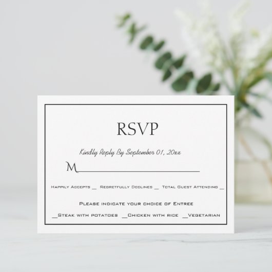 Minimalistische Zwart en Wit Menu Keuze RSVP Kaart (Staand voorkant)