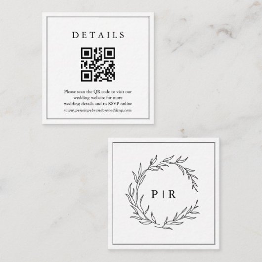 Minimalistische zwart-wit blad bruiloft details informatiekaartje (Voorkant / Achterkant)