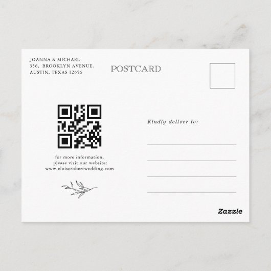 Minimalistische zwart-wit blad moderne bruiloft briefkaart (Achterkant)