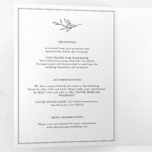 Minimalistische zwart-wit blad moderne bruiloft drieluik aankondiging (Binnenzijde eerst)