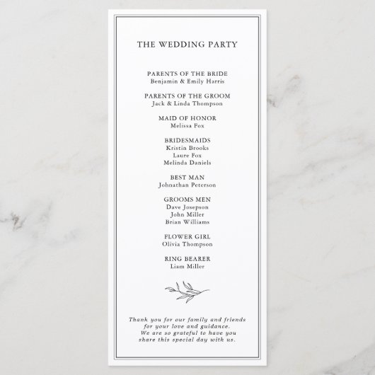 Minimalistische zwart-wit blad moderne bruiloft programma (Achterkant)