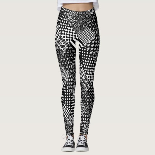 Minimalistische zwart-wit gemengde patroon stijl leggings (Voorkant)