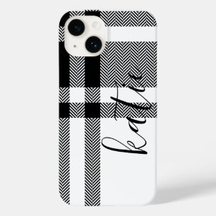 Minimalistische zwart-wit geruite aangepaste naam Case-Mate iPhone 14 hoesje