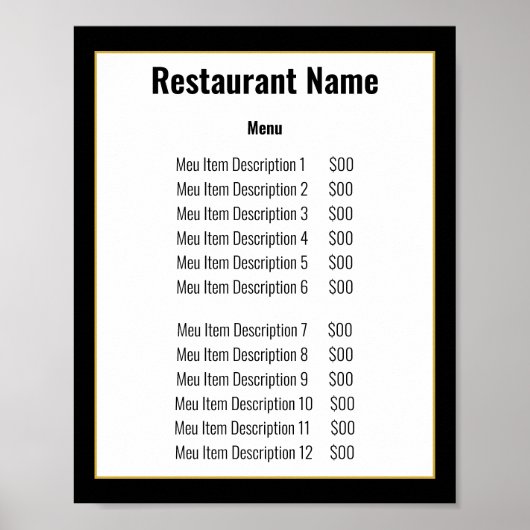 Minimalistische zwart-wit gouden sjabloonmenu poster (Voorkant)
