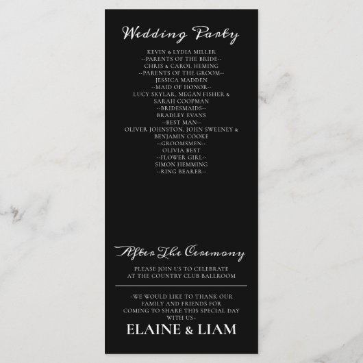 Minimalistische zwart-wit huwelijksprogramma's programma (Achterkant)