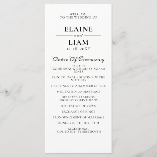 Minimalistische zwart-wit huwelijksprogramma's programma (Voorkant)