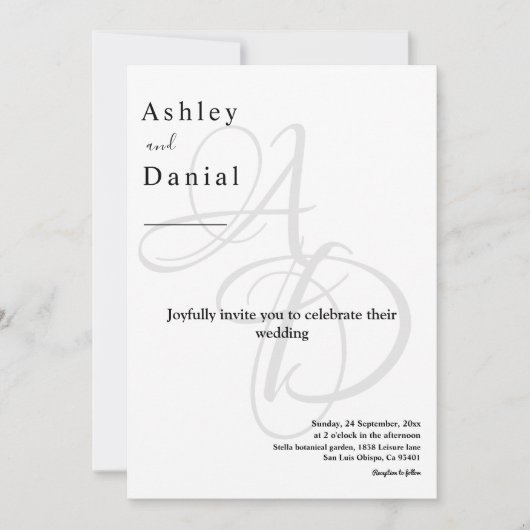 Minimalistische zwart-wit monogram chique bruiloft kaart (Voorkant)