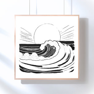 Minimalistische zwart-wit oceaan golven poster
