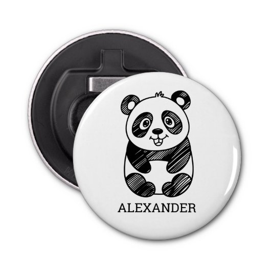 Minimalistische zwart-wit Schattigee panda tekenin Button Flesopener (Voorkant)