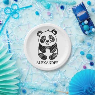 Minimalistische zwart-wit Schattigee panda tekenin Papieren Bordje