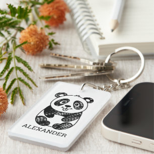 Minimalistische zwart-wit Schattigee panda tekenin Sleutelhanger