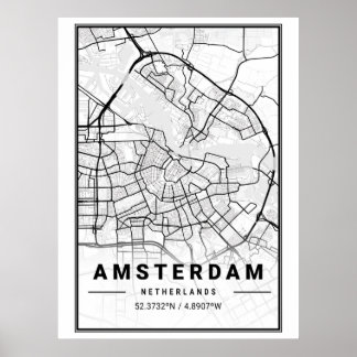 Minimalistische zwart-wit stadkaart van Amsterdam Poster